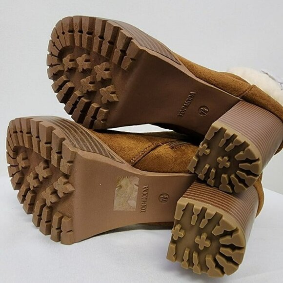 Brown Faux Suede Shearling Cuff Lug Sole Booties 7.5 - Picture 8 of 12